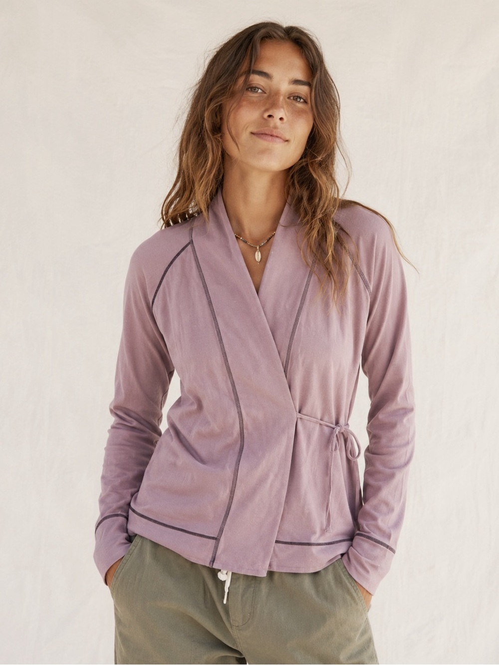 Patagonia Lavendar Long Sleeve Wrap Top With Contrast Stitching SMALL